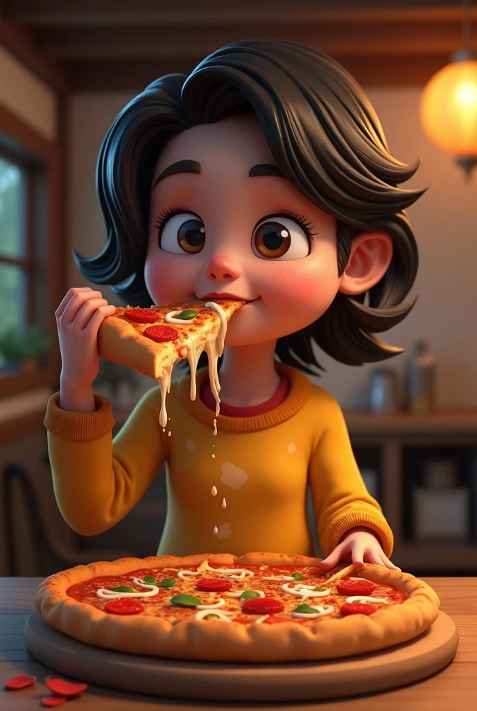 create a realistic character a person eating a delicious realistic pizza