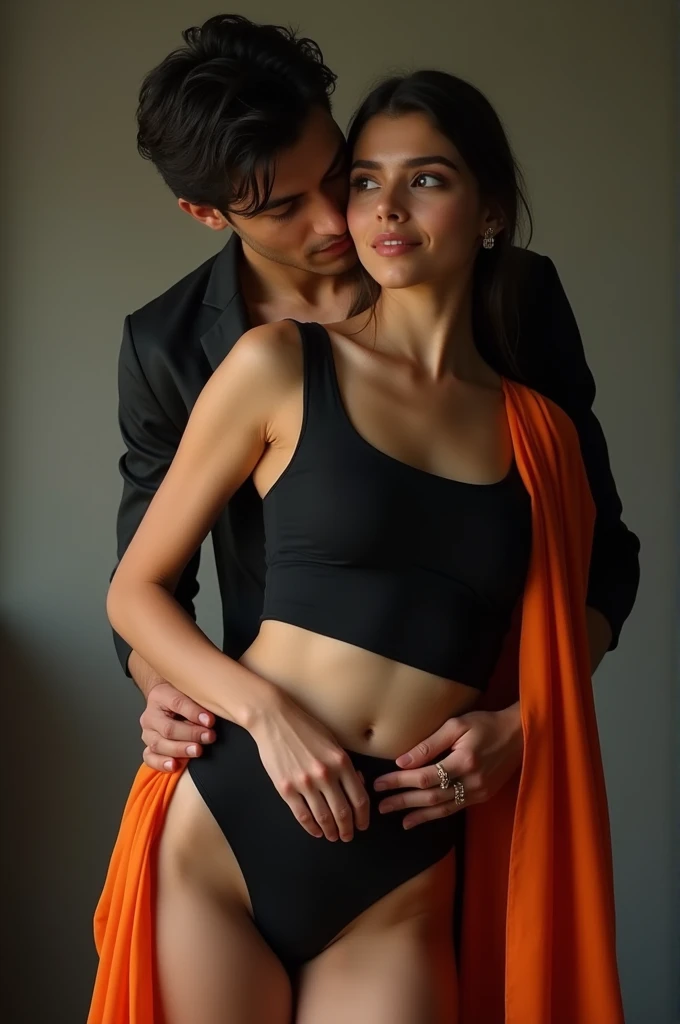 8k 24 years old female wearing black blouse and black saree shapewear with slit and belly slim exposed wearing orange dupatta facing viewer and boyfriend holding her from behind and kiss her shoulder