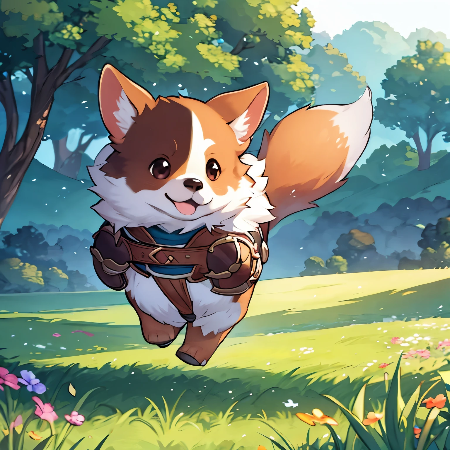 A lively corgi wearing a small, detailed leather armor is running joyfully across a wide, open field in the countryside. The armor fits snugly around the corgi's body, with intricate designs and straps that highlight its playful nature. The corgi's short legs are moving quickly, and its ears are perked up with excitement. The field is covered in green grass with wildflowers scattered throughout. In the background, there are rolling hills and a few distant trees, with a clear blue sky overhead. The sunlight is warm, casting soft shadows on the ground. The scene is peaceful and natural, capturing the adventurous spirit of the corgi as it dashes across the open landscape.