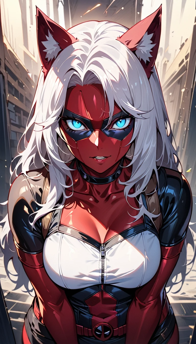 (high quality, 8k, 4K, high contrast, artwork:1.2, high quality, best aesthetics), (centered), ((1 woman)), erotic, sensual, mature body, grown woman, super detailed, beautiful face detailed, beautiful eyes detailed, detailed beautiful mouth, (white long hair), (messy long white hair), (white cat ears), (blue cat eyes), (relaxed expression), (piercing gaze), (looking at viewer), (standing), (straight body posture), (woman's front angle), (female version Deadpool hero costume), (black eye hero mask) 