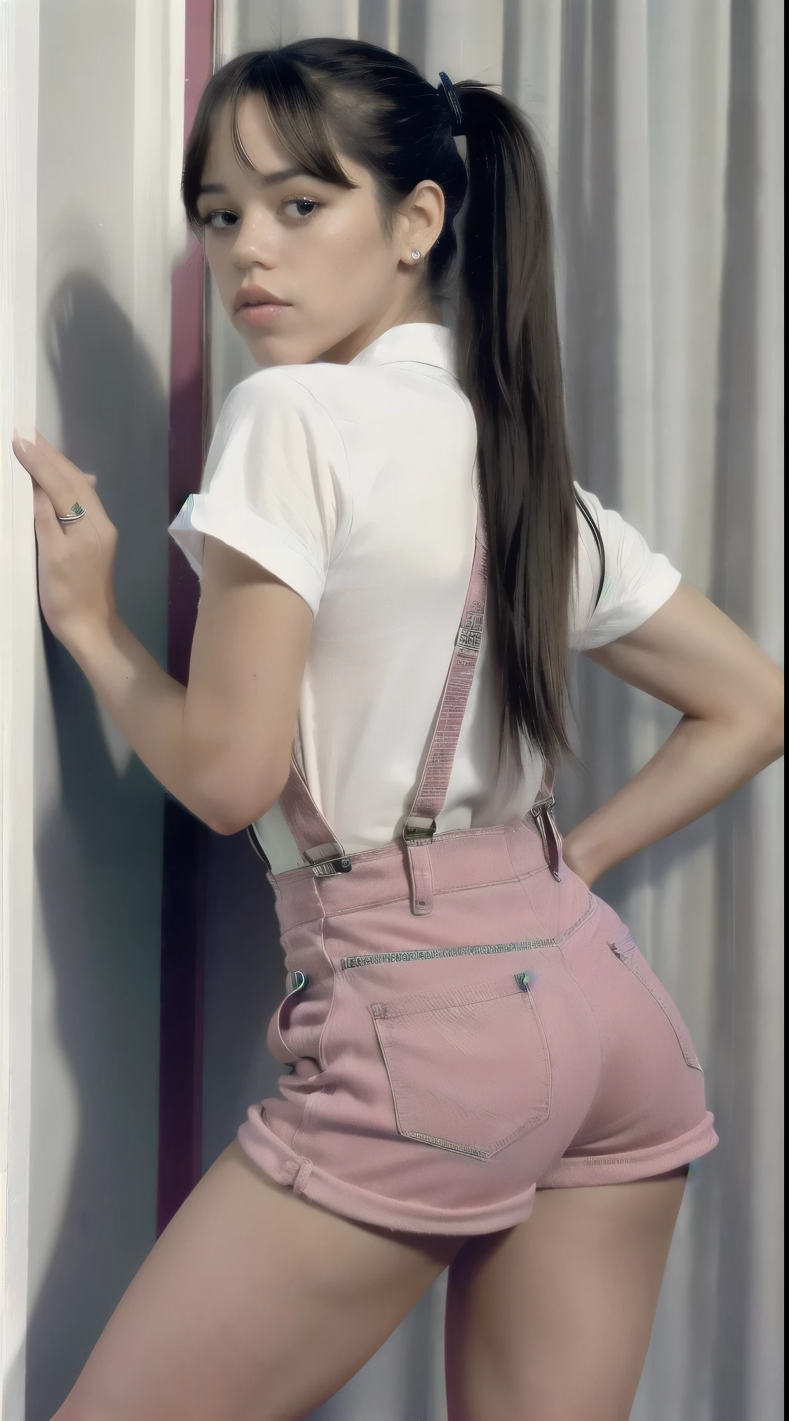 jenna ortega, pubes, bush, pubic bush, long ponytail, pink overalls, studs, white shirt, sneakers, detailed skin, medium shot, upper body, simple solid background, portrait, nsfw