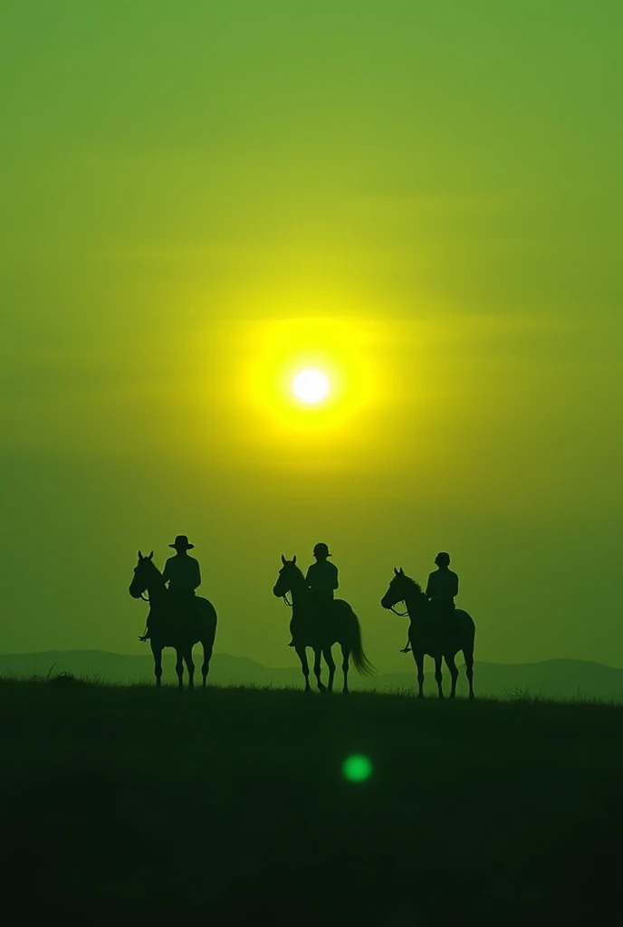 Image of a sunset on the plains with horses and people in green tones