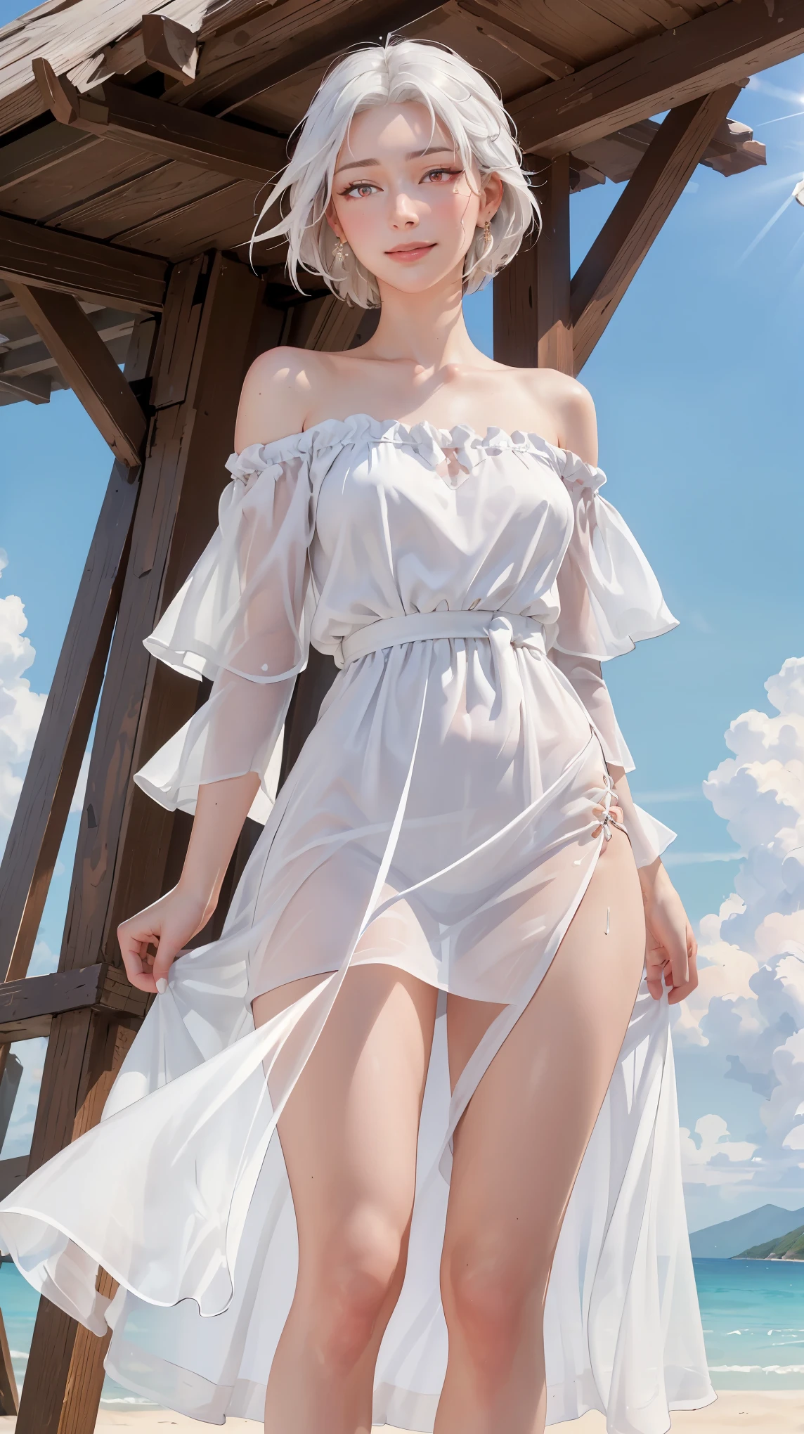 (Surreal)、(hight resolution)、(8K)、 (ighly detailed)、(Ultra clear skin pores)、(top-quality、​masterpiece:1.3)、Beautiful girl in a white dress、1womanl、full body Esbian、Ultra mini skirt、Shoulders are sticking out、Green eyes、Smaller chest、Small butt、Stroll along the sandy beach、Blue Sea、Into the cloud、contrail、Mid summer、It's very hot、perspiring、