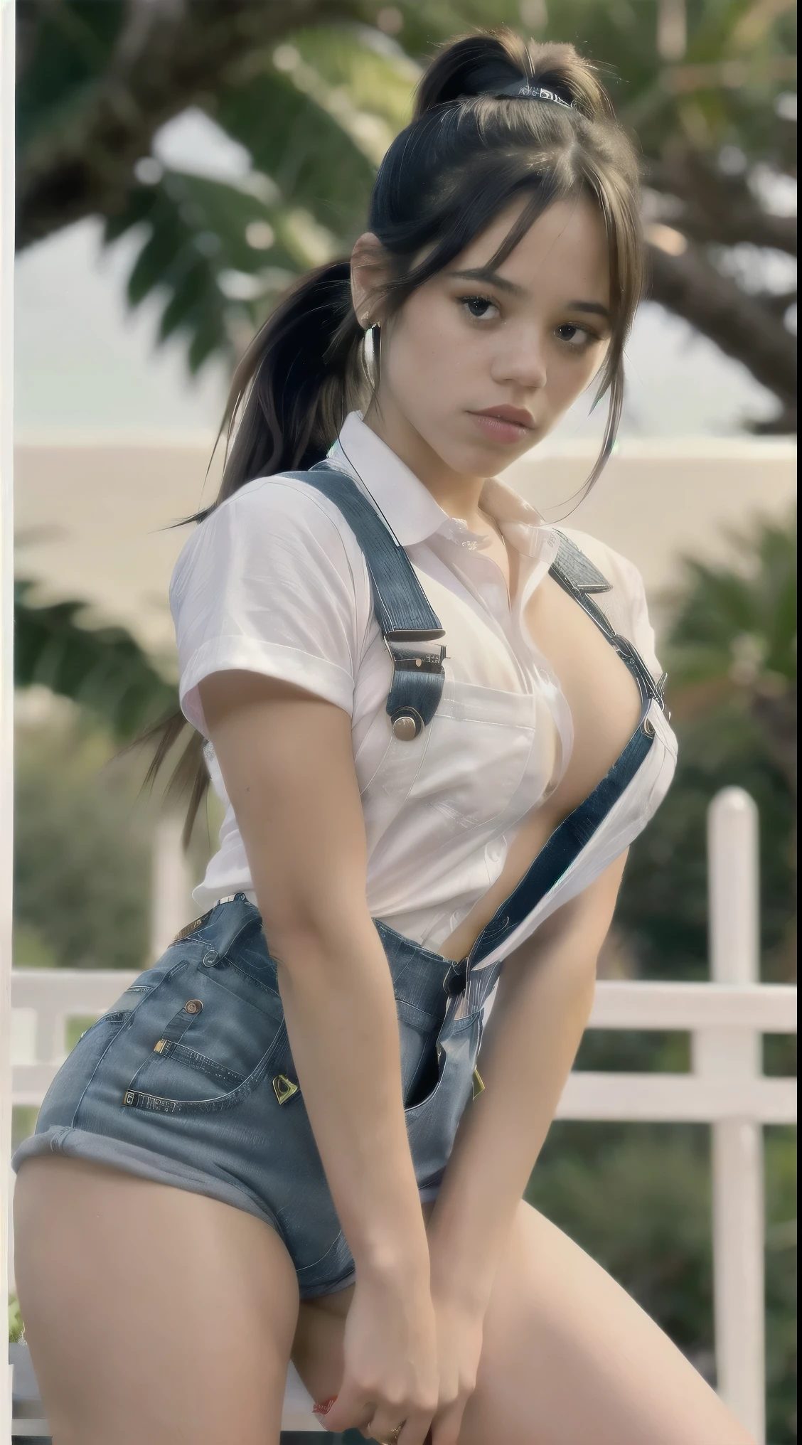 jenna ortega, pubes, bush, pubic bush, long ponytail, pink overalls, studs, white shirt, sneakers, detailed skin, medium shot, upper body, simple solid background, portrait, nsfw