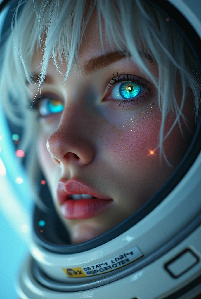 (Close-up of a better masterpiece:1.5)0.9], (Space and astronauts:1.2) (Messy silver hair:1.1) (Heterochromia xanthochromia and blue eyes:1.2) (Space Helmet:1.0) (Colored stars in the eyes:1.0) (A radiant glow:1.1) (thick lips:0.9)