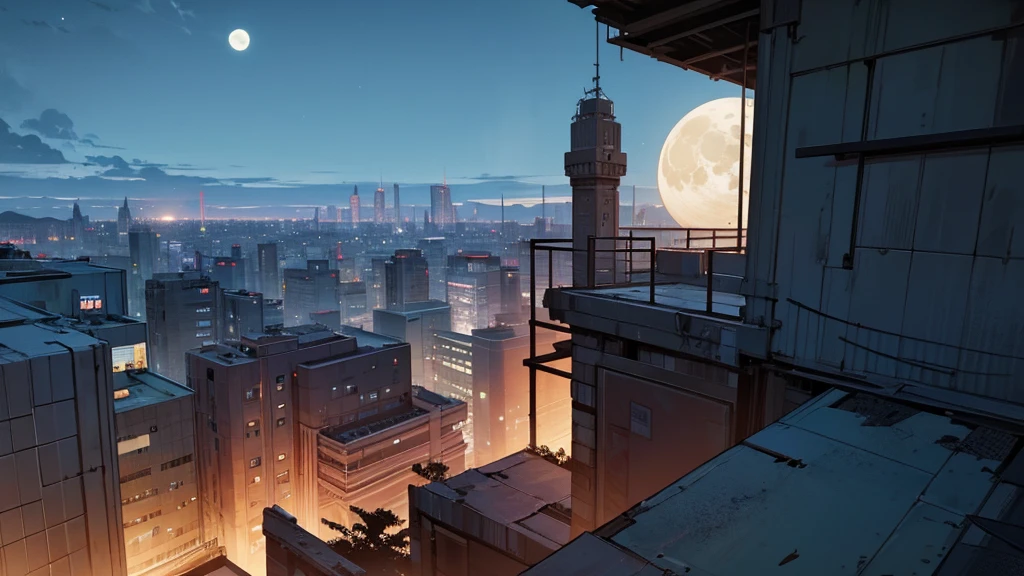 create a scene from the top of a building at night. in an abandoned city taken over by plants. the sky is clear and the moon is full.