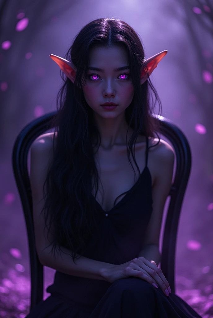 The guy with the elf ears, with long dark hair, sitting in a black chair. Purple eyes in purple light. Fae