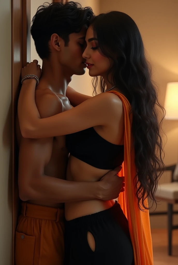 8k 24 years old female wearing black blouse and black saree shapewear with slit and belly slim exposed wearing orange dupatta facing viewer and boyfriend holding her from behind and kiss her shoulder 