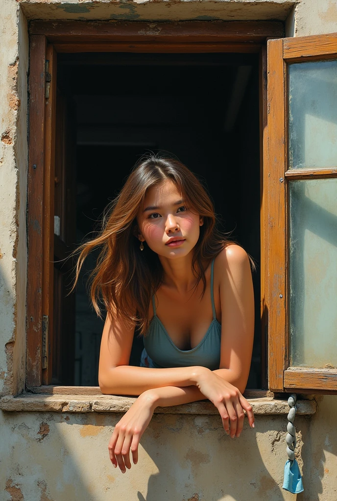 A 20 year old girl putting her torso outside the window