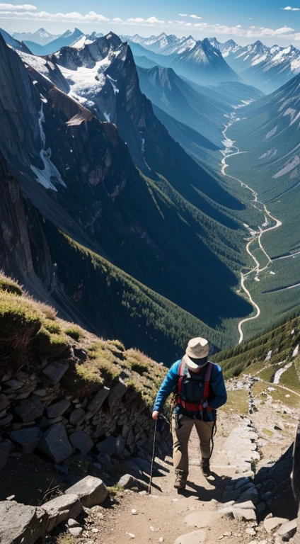 A bird's-eye view reveals a lone hiker's relentless climb up a steep mountain path, mirroring our ability to persevere and surmount life's challenges, much like the towering mountains that surround them.