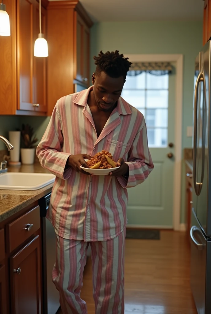 in pajamas caught stealing food in the kitchen