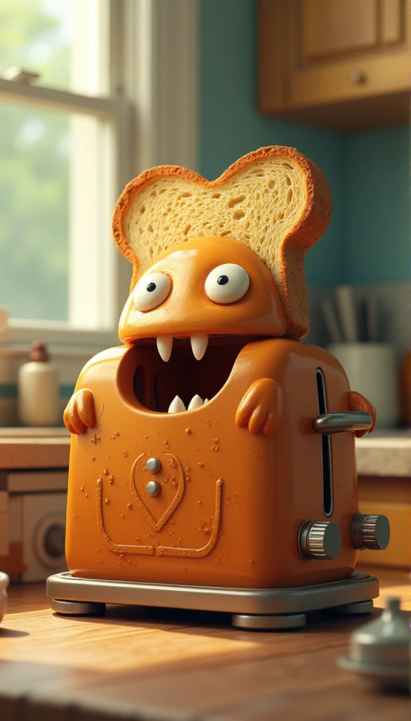(masterpiece, Highest quality, Very detailed, 8k wallpaper, Realistic), Concept Art, anthropomorphic bread toaster, a monstrous device, Whimsical, blackmail in the kitchen, Cartoonish, Vibrant、cute