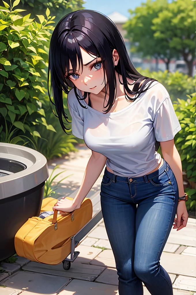 woman from Brazil, 18 years old, wearing a t-shirt and jeans, pants down to her knees