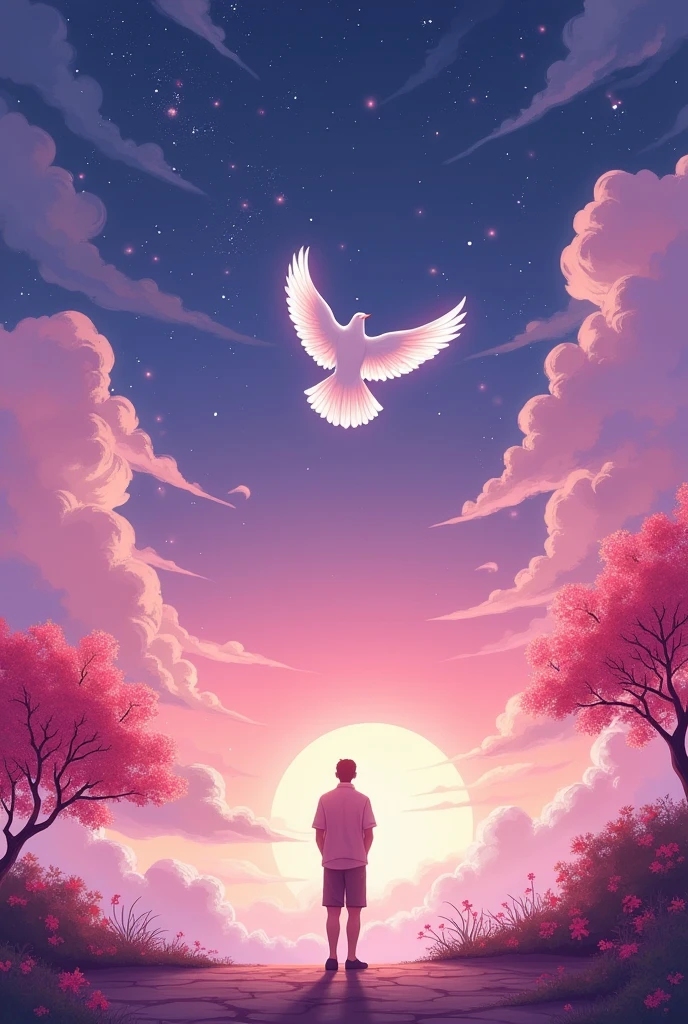 (((Projection illustration,Hook of Holland,Vanishing Point,From below)))、(8k,Bright colors,Bright,Ultra high saturation,rgb,Colorful),Chinese style,(Love Poster:1.5),(Flat poster design),The background is dreamy pink and purple,White magpie circling in the night sky,Surrounded by stars,Create a dreamy atmosphere,Anime created in the style of Hayao Miyazaki,In the foreground,There are some flowers in front,High Definition,High Detail,Dunhuang mural style,The bright colors of Dunhuang,Dunhuang Elements,Flat illustration,There is a person on the poster,Man leaning against a peach tree