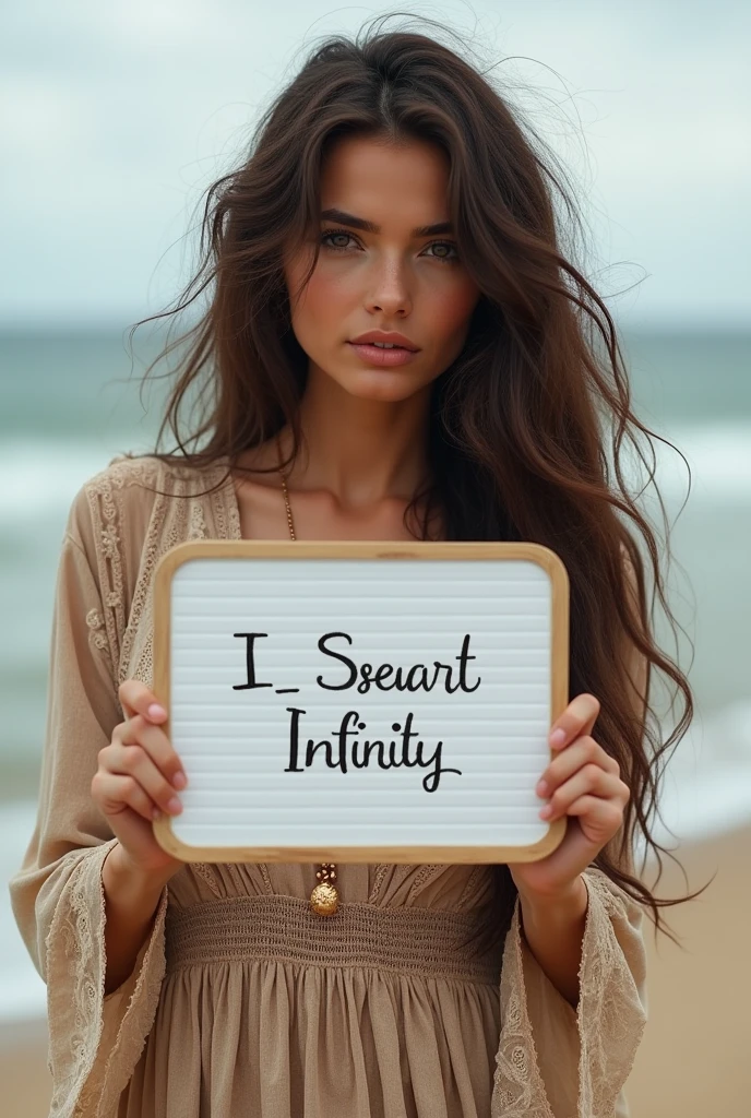 Beautiful girl with wavy long hair, bohemian dress, holding a white board with text "I Love Seaart Infinity" and showing it to the viewer