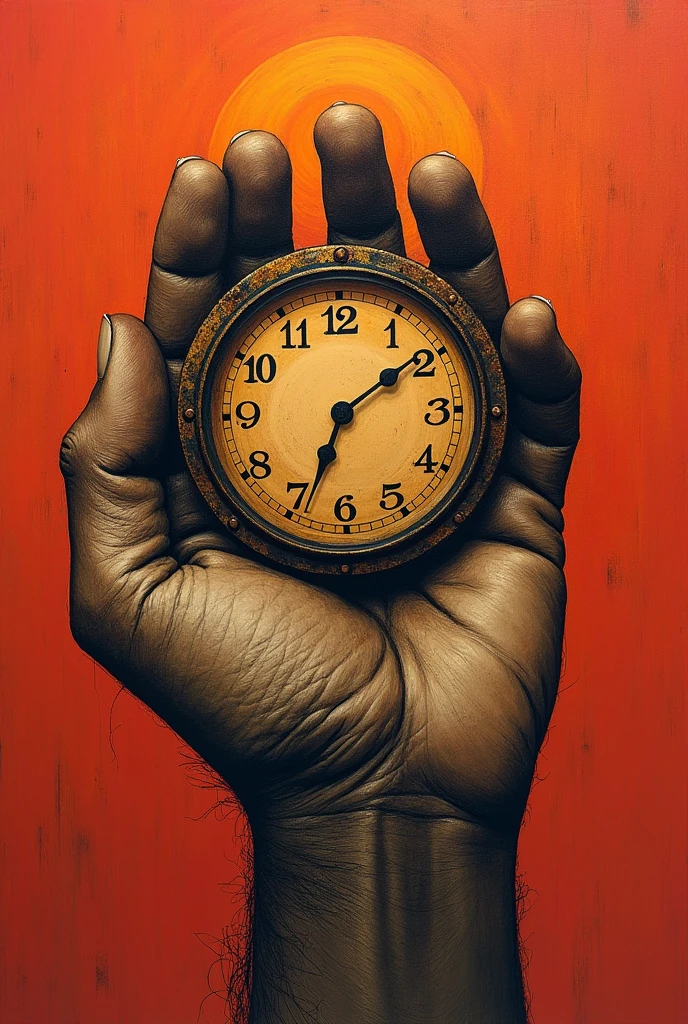 drawing of a surreal clock, ((melts between the fingers of one hand, great quality, 8k, masterpiece, red tones, ochre sphere