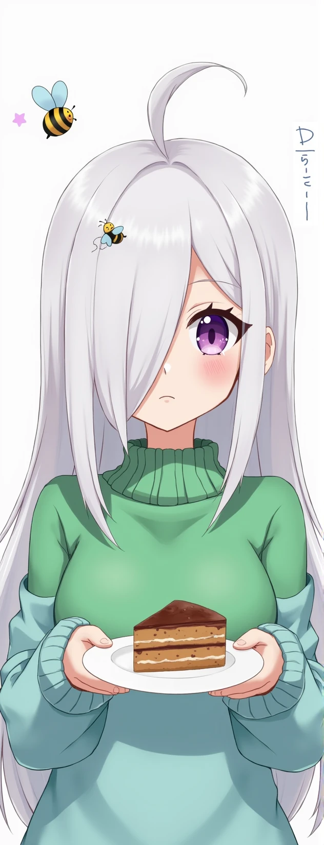 A girl, bee, purple eyes, long white hair with a strand covering his left eye, wearing a green and light blue sweater, holding a plate with a piece of cake