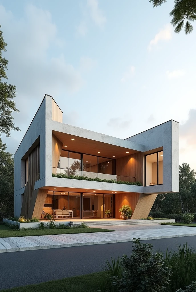 One-story house with interlocking shapes and serial plans 

