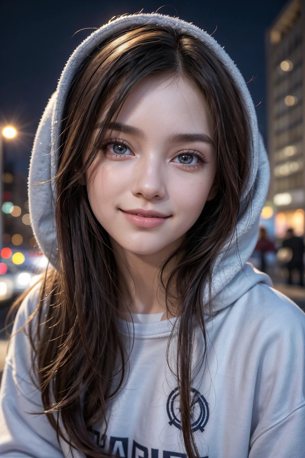 highy detailed: 1,5, high resolution, detailed lines and colors, perfect lighting, face detailed, detailed hair, detailedeyes, detailed nose, detailed lips. an adult and beautiful girl:1,9, wearing a sweatshirt, wearing a sweatshirt, with smile on face, city at night.