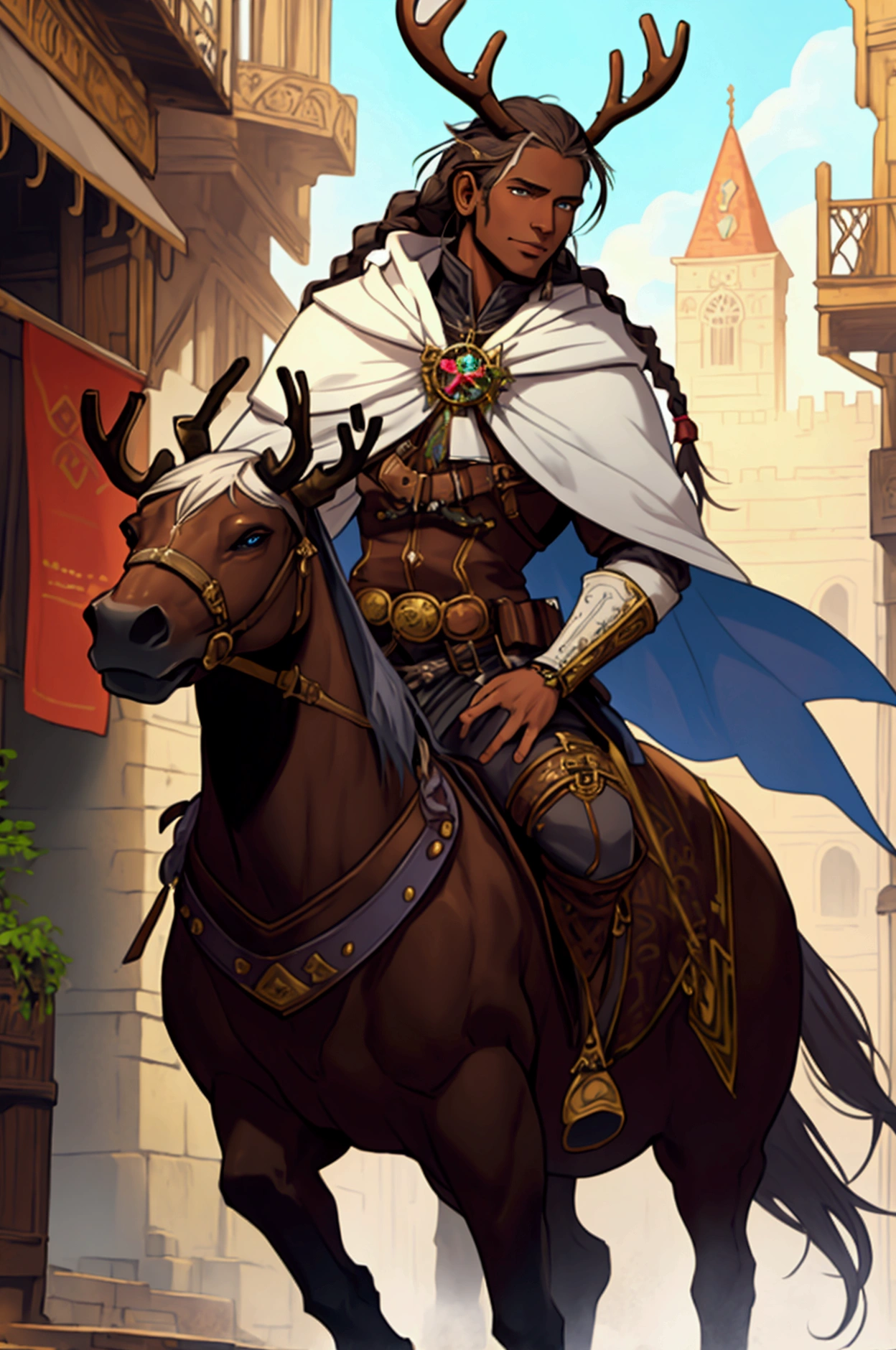 A portrait of the fantasy writer, that looks like a traveller, Arylnn East, a brown-skinned man with long white braids, wearing a magical cloak, mystical setting, they're in the streets, steampunk, fantasy setting. The beast, has the gear they put on a horse, it's a really big, unique animal, kind of like a reindeer