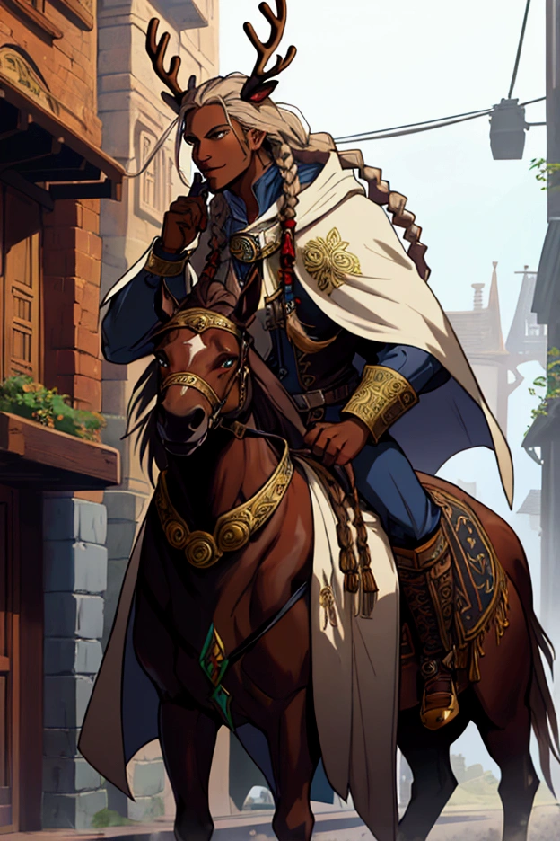 A portrait of the fantasy writer, that looks like a traveller, Arylnn East, a brown-skinned man with long white braids, wearing a magical cloak, mystical setting, they're in the streets, steampunk, fantasy setting. The beast, has the gear they put on a horse, it's a really big, unique animal, kind of like a reindeer