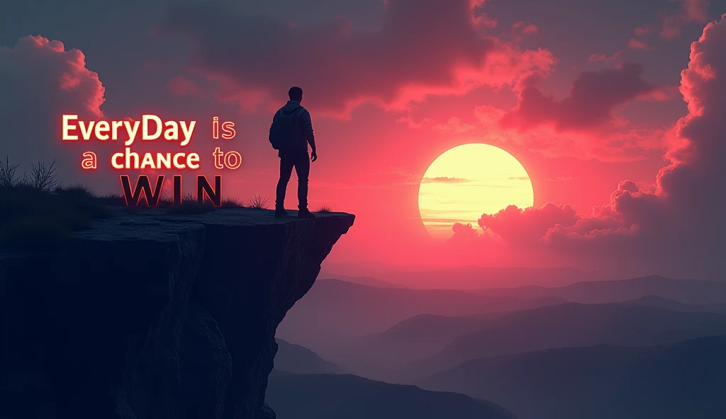 The scene features a determined person standing at the edge of a cliff, looking towards , Dark Environmental rising sun that symbolizes hope and new beginnings. The sky is filled with dynamic trees, Rainy clouds in shades of Dark Gray, pink, and purple. Use bold and Dark colors to emphasize the person's silhouette and the light from the sun. The text 'EveryDay is a chance to Win' should be prominently placed in the left side of the frame using a modern, Bold and Roughly font with a glowing effect."to delete the errors of this picture and make it look as fine as possible, but also keep the same gbasic idea., 3d render, illustration, poster and it should be in detail And image frame Ratio should be 16:9