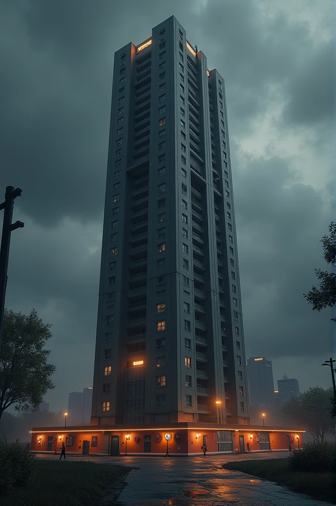 Make a realistic image for a commercial project, where the concept is "SAFE TOWER" with the aim of creating the foundations for civil protection, The image should have an apartment tower seen from the bottom up and surrounded by small shields like a medicine cabinet., fire extinguishers, helmets and emergency exit sign, with dark colors and backgrounds