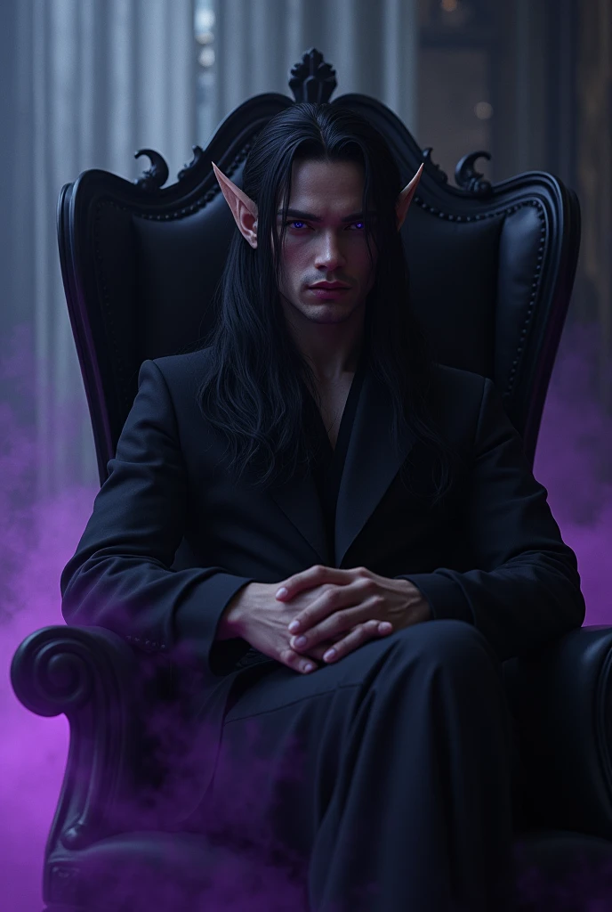 Man with elf ears, with long dark hair, sitting in a black chair. Purple eyes in purple light. Fae. daemon