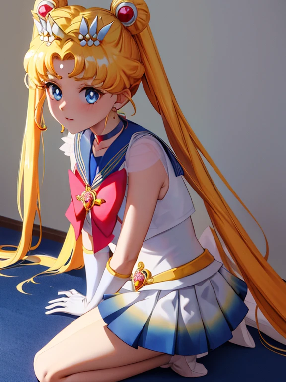 masterpiece, best quality, high resolution, 1 girl, solo, sailor senshi uniform, SMMoon, 1990s \(style\), blonde hair, magical girl, blue eyes, blue skirt, elbow-length gloves, tiara, pleated skirt , blue sailor necklace, miniskirt, choker, blue choker, white gloves, very long hair, jewelry, earrings, KNEELING ON THE FLOOR, HANDS ON THE FLOOR, (IN DOGGY STYLE POSITION), BACK TO THE CAMERA. CLOSE UP ASS