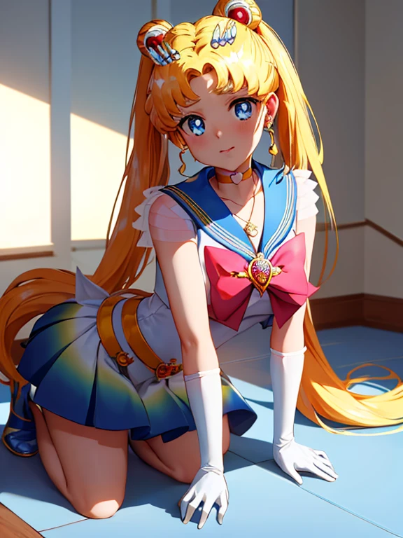masterpiece, best quality, high resolution, 1 girl, solo, sailor senshi uniform, SMMoon, 1990s \(style\), blonde hair, magical girl, blue eyes, blue skirt, elbow-length gloves, tiara, pleated skirt , blue sailor necklace, miniskirt, choker, blue choker, white gloves, very long hair, jewelry, earrings, KNEELING ON THE FLOOR, HANDS ON THE FLOOR, (IN DOGGY STYLE POSITION), BACK TO THE CAMERA. CLOSE UP ASS