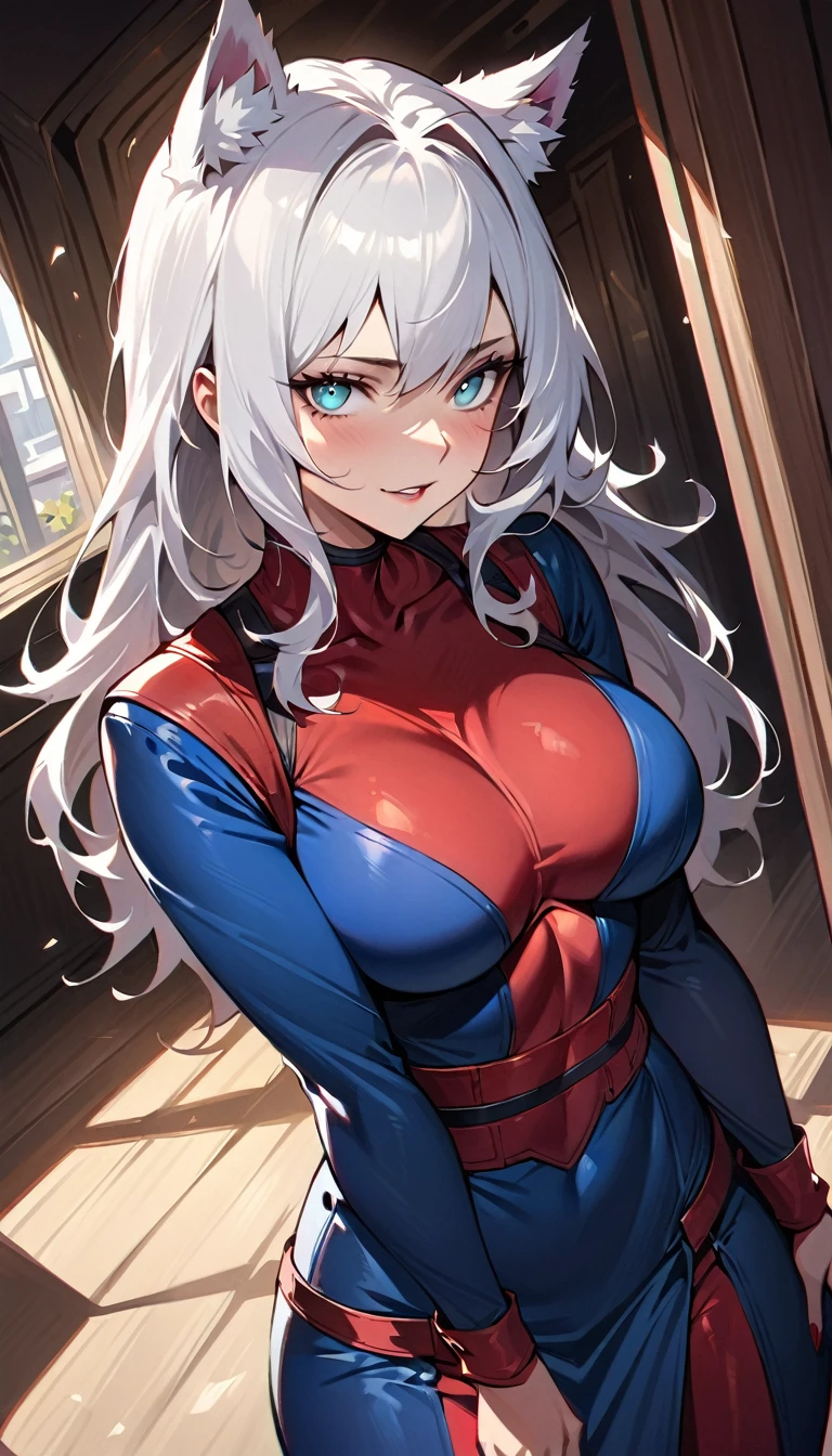 (high quality, 8k, 4K, high contrast, artwork:1.2, high quality, best aesthetics), (centered), ((1 woman)), erotic, sensual, mature body, grown woman, super detailed, beautiful face detailed, beautiful eyes detailed, detailed beautiful mouth, (white long hair), (messy long white hair), (white cat ears), (blue cat eyes), (relaxed expression), (piercing gaze), (looking at viewer), (standing), (straight body posture), (woman's front angle), (female version Deadpool hero costume without the mask)