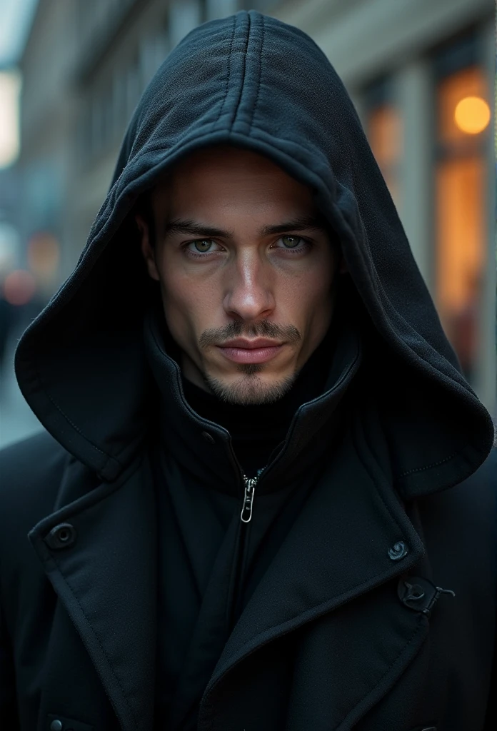 face portrait, man, with black coat, cyberpunk