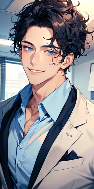 handsome 31 years old boy with black curly hair and small lips long nose. 1 man mature, male mature. Expression smile in love. Blue eyes, CEO, Office home.