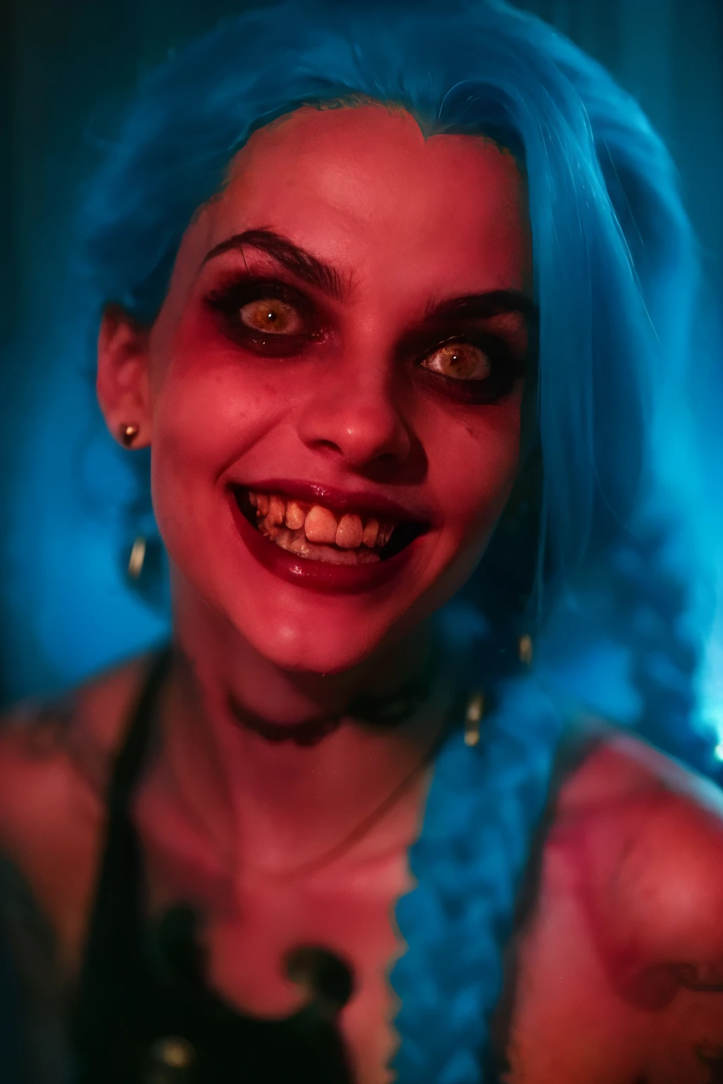 Close-up face. Hyper realistic super detailed Jinx cosplay , ((Young girl, 15 years old)), Very detailed, (hyper realistic: 1.4), in dynamic pose, (((psycho face, creppy smiling))), twin braids, long hair, blue hair, red eyes, tattooed, ((skinny Body)), ((angry face)), arcane style. ((Cinematic Explosion background,  cinematic lighting)).