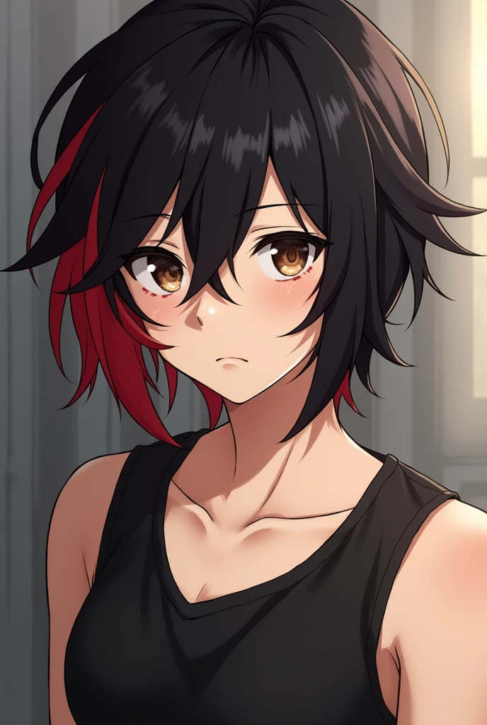 Light skinned anime man with black right and red left medium long hairstyle, dark brown eyes, serious face.