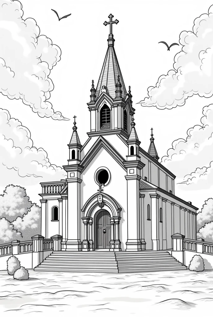 Create a reinterpretation of the work Igreja da Nossa Senhora do Carmo do Aleijadinho. I want it to be a coloring page, with ultra quality, that is easy to draw and has lots of details