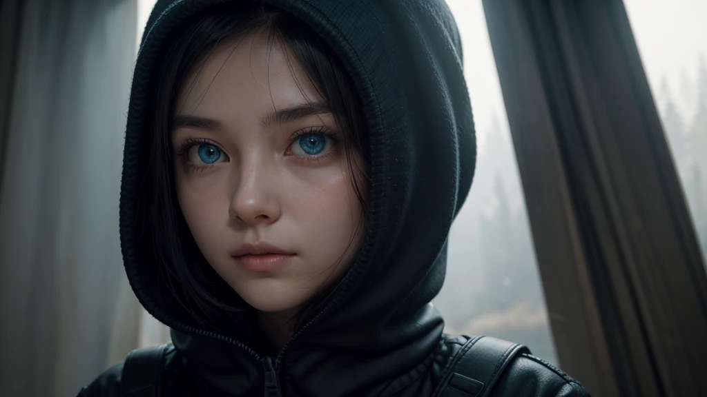 One woman, approximately 25 years old, in loose, lightweight black clothing, wearing a prominently visible balaclava. She has striking blue eyes, adding to the atmosphere. The woman is depicted from the waist up, in random, beautiful locations and in various natural poses. Her face and other visible parts of her body are rendered with maximum detail and high quality. The background and her pose are randomly generated, creating a unique and unpredictable scene with a sense of mystery and solitude. The image features soft, diffused lighting and a shallow depth of field, enhancing the overall mood.