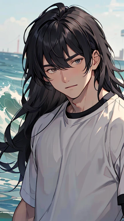(masterpiece), best quality, ((high quality)), 1boy, beautiful face, handsome, black hair, long hair, wave hair, bangs over eyes, gray eyes, upper body, looking straight, 18 years old boy, casual clothes, university, portrait,