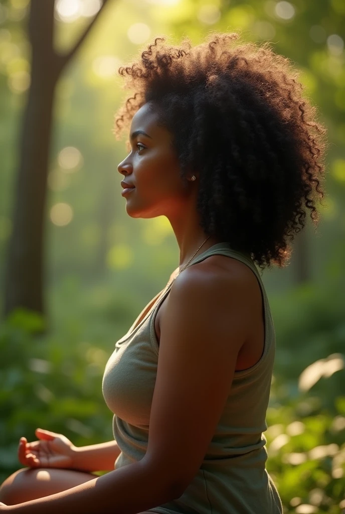 Tan tone black woman meditating outdoors, sideways, black curly hair, a little below the shoulders, and curvy build