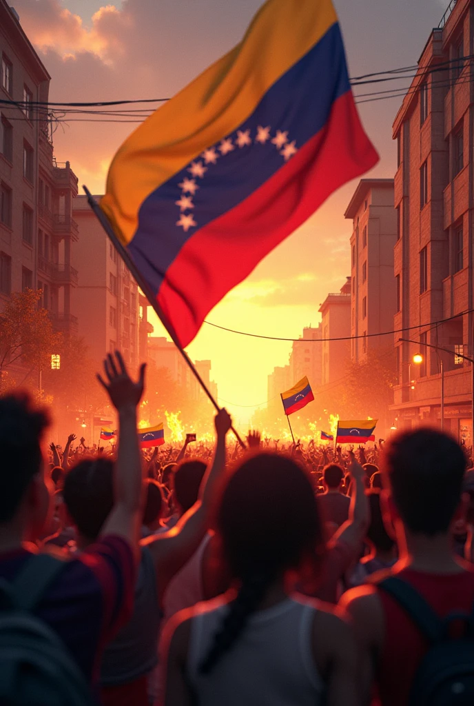 Protests in city of Venezuela, venezuela flags, fire, 3D Animation 