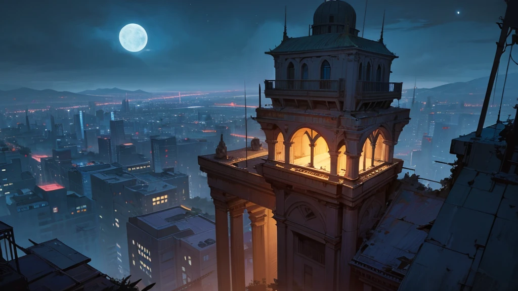 create a scene from the top of a building at night. in an abandoned city taken over by plants. the sky is clear and the moon is full.