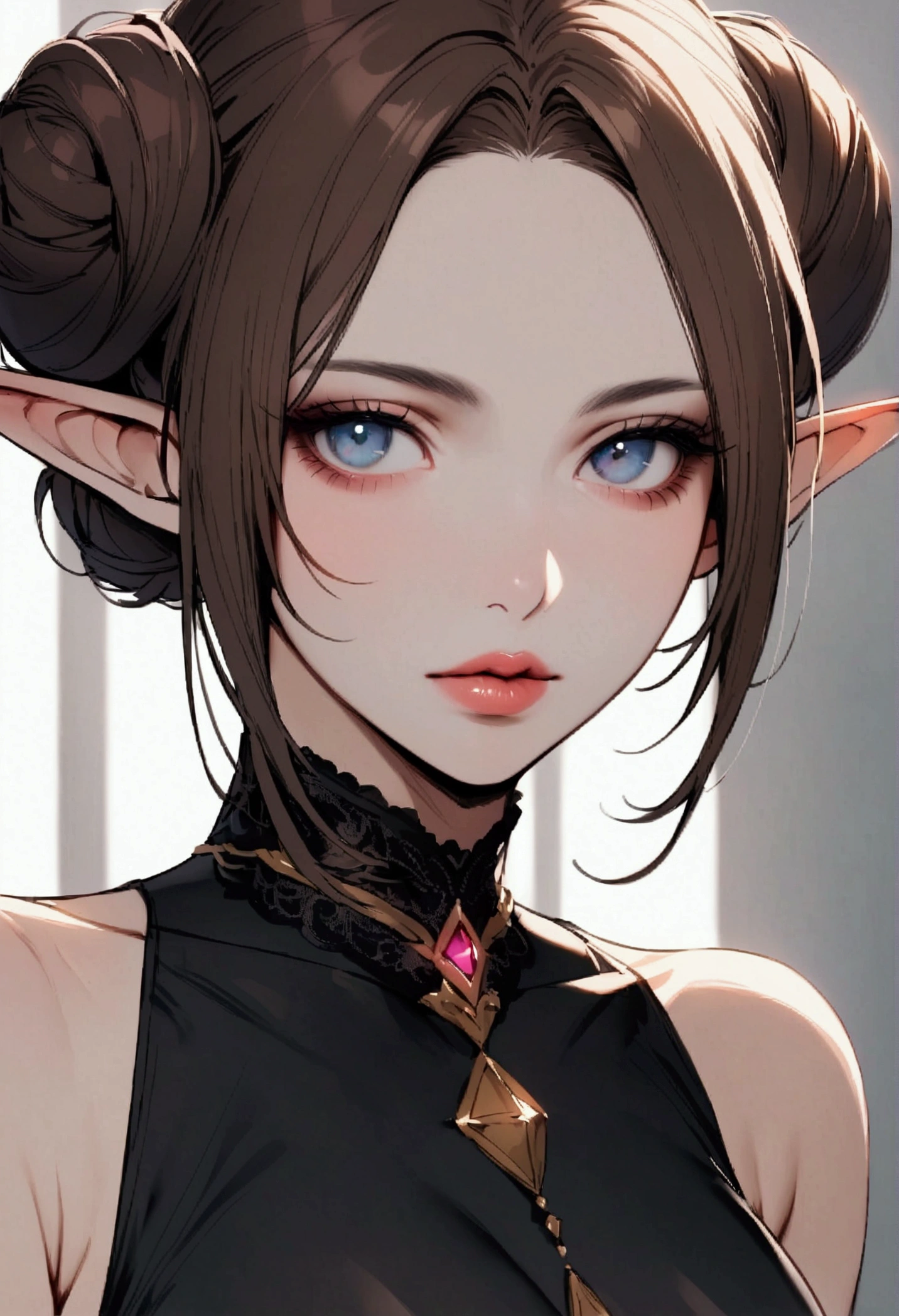 An adult woman, with brown hair in a neat bun, with bright blue-gray eyes, Her lips are pink, She wears a black high-necked dress, has short elf ears