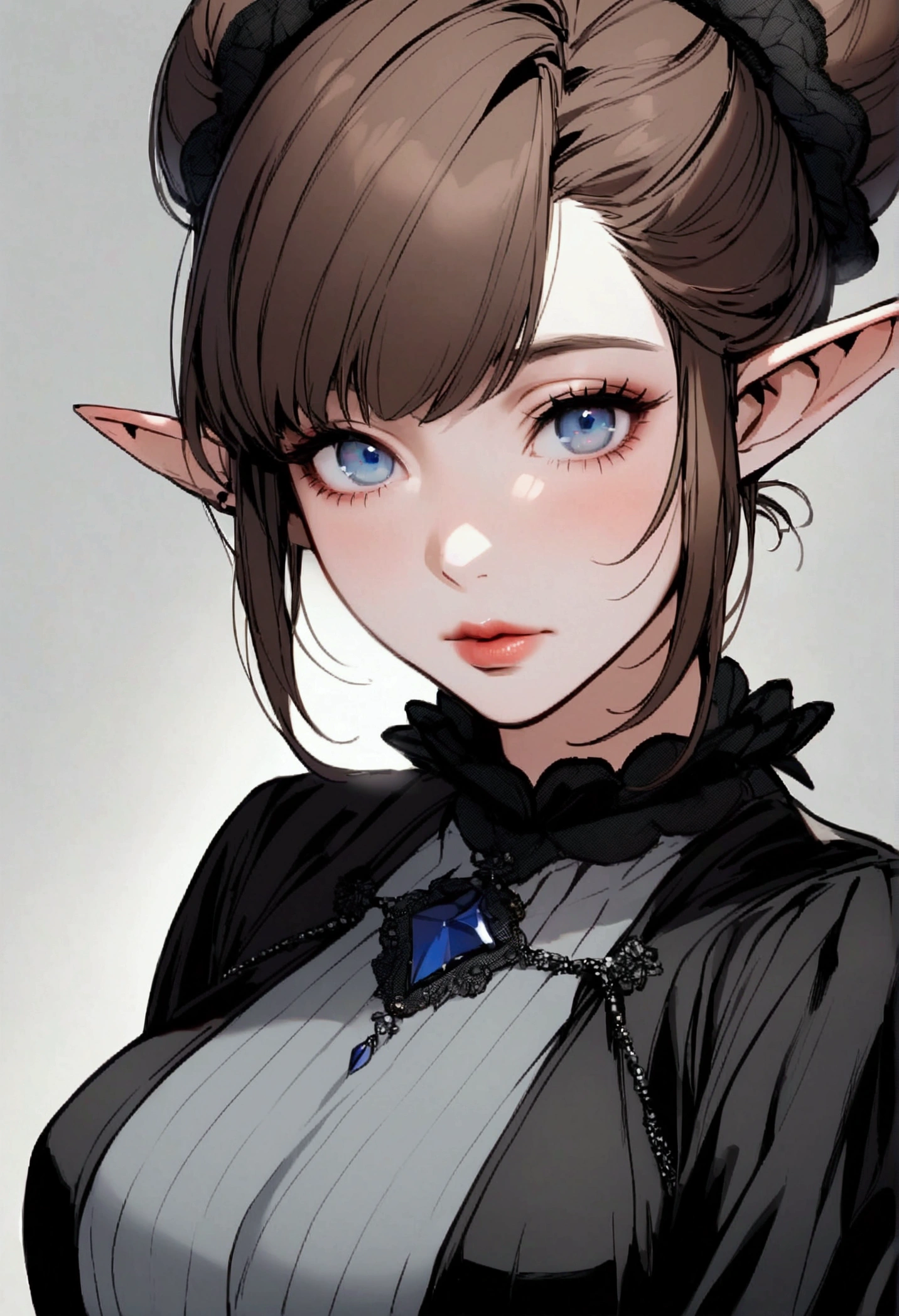 An adult woman, with brown hair in a neat bun, with bright blue-gray eyes, Her lips are pink, She wears a black high-necked dress, has short elf ears