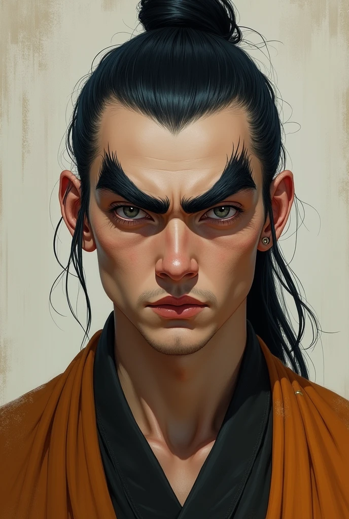 Portrait of a male monk, with absurdly big, thick, bold eyebrows, long black hair in a ponytail, , and Grey eyes. 