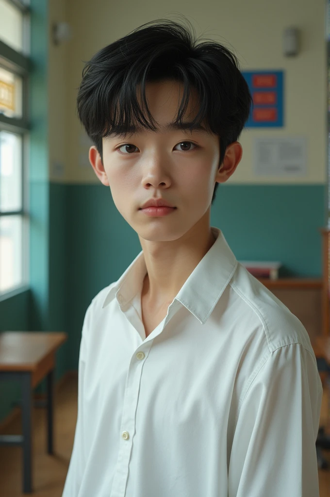 Portrait of a male Vietnamese highschool student, wear white shirt without tie, background is highschool, he looks young and high, slim body