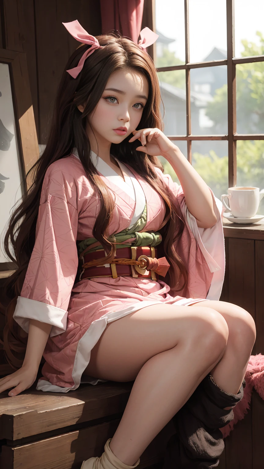 Masterpiece, Best Quality, High Resolution, Venus1, 1Girl, Solo, Tsuko Kamato, Bamboo, Gag, Hair (brown), Plaid Belt, Gag, Gag, Gradient Hair, Hair Ribbon, Haori, Japanese Clothing, Very Short Kimono, Long Hair, Looking at the Audience, Multicolored Hair, Pink Eyes, Very Short Pink Kimono, Pink Ribbon, Ribbon, Solo, (((Masterpiece)), Forehead, Sitting, Cute puffing cheeks, Angry, Eyes wide, hips very wide, thighs very thick