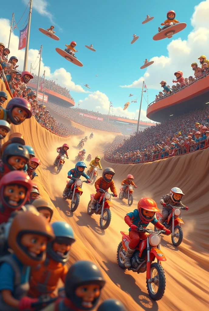 A background with lots of motocross racers like mini people, like emotions and like cartoon characters together 