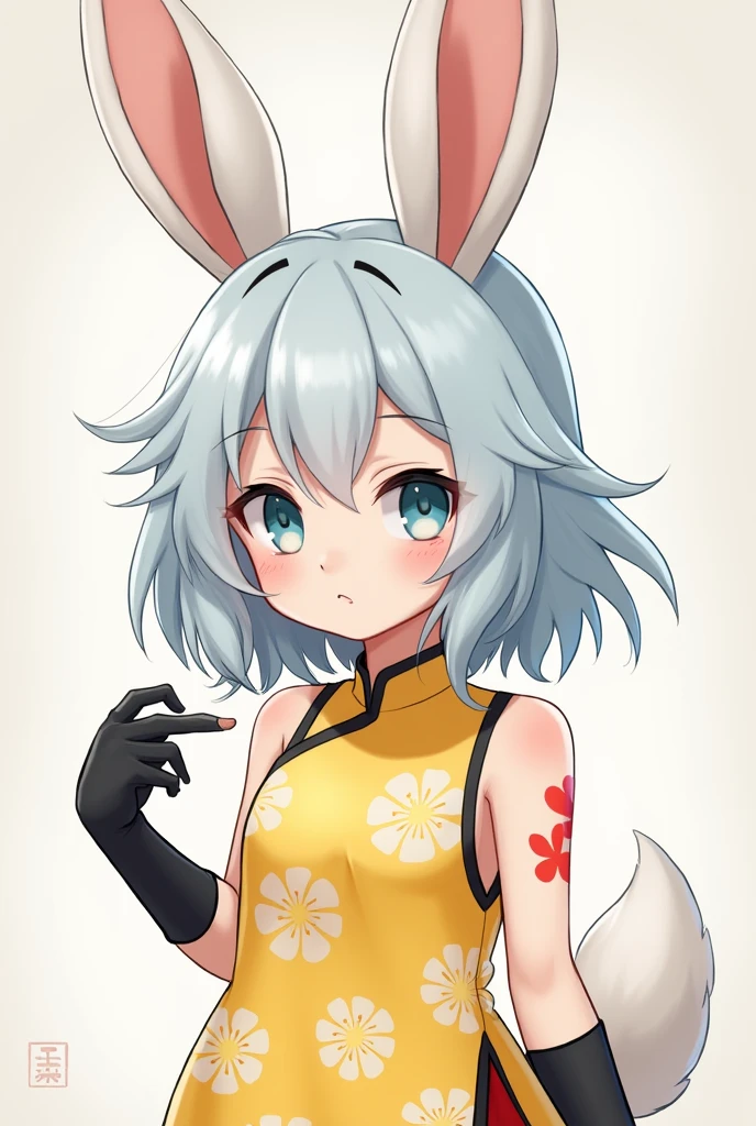 Pale blue hair down to her chest, short bangs, and voluminous bunny ears with antennae that reach down to her mouth.、The color of the tail is skin color, the rest is human, the eyes are round and droopy, the eyebrows are slanted, the right arm has a red heart and crescent moon tattoo, the yellow patternless Chinese dress, the wrist-length black gloves, the eye color is the same as the hair color