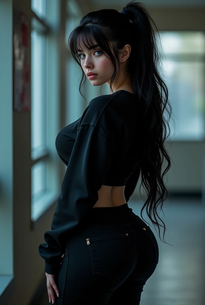 18 year old woman, black fur, blue eyes, big ass, dressed in a high school sweatshirt and pants, (make it sexy and provocative, focus on his fat ass) the woman must have her hair tied in a ponytail