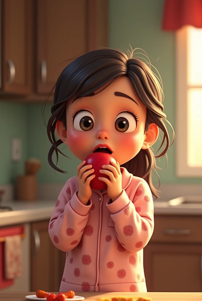 girl in pajamas surprised stealing food in the kitchen animated with apple in her mouth